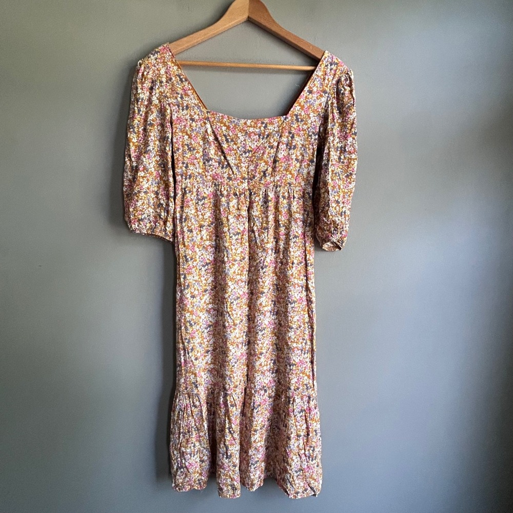 SO Womens Floral Midi Dress Mustard Yellow Square Neck Smocked Back Size S